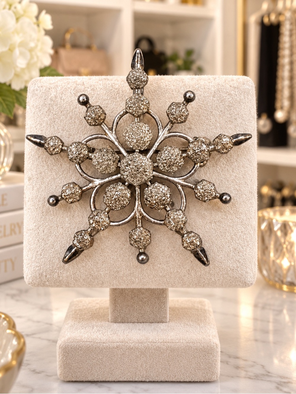 Vintage Silver Tone Frosted Snowflake Starburst Brooch Pin | Atomic | MCM